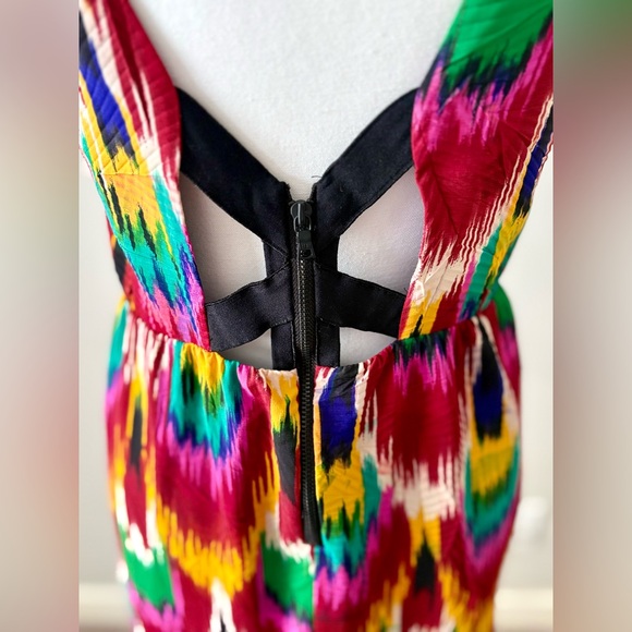 Alice + Olivia Silk Ikat Print Open Back Dress Size S Multicolor V-Neck - Picture 5 of 8